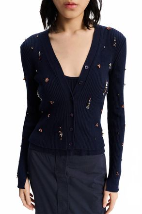 Dorothee Schumacher Embellished Merino Long Sleeve Twinset Cardigan In Blue Coral
