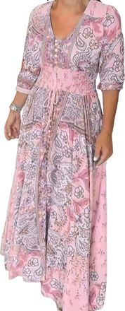Generic Womens Elegant Floral Drawstring Long Dress, Boho for Summer V-Neck Adjustable Waist Breathable Dress for Vacation (Pink,M)
