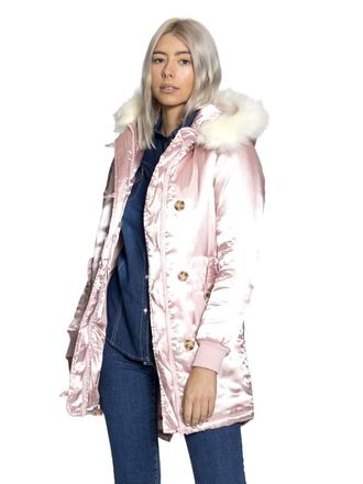 SS7 Womens Parka Coat Satin Pink with Faux Fur