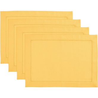 Solino Home Linen Placemats Set of 4, 14 x 19 Inch for Dining Table, Holiday and Everyday Table Decor - Medium Weight Hemstitch in Marigold Yellow at
