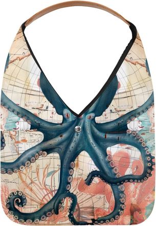 Generic Blue Octopus and Map Reusable Lightweight Grocery Bags - Foldable Into Compact Pouch, Washable & Sturdy, Multipurpose for Shopping and Travel