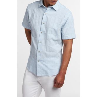 David Donahue Geometric Embroidered Short Sleeve Cotton & Linen Button-Up Shirt in Sky at Nordstrom, Size Xx-Large