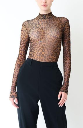 Sally Lapointe Printed Mesh Mock Neck Bodysuit in Leopard at Nordstrom, Size X-Small