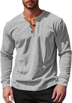 Generic Mens Corduroy Henley Shirt Long Sleeve Button Crew Neck Vintage Slim Fit Sshirts Fashion Soft Lightweight Casual Classic Work Grandad Shirt (Grey, XXL