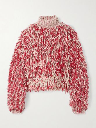Isabel Marant Pullover A Collo Alto In Misto Lana Bouclé Con Frange Moka - Rosso