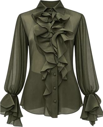 Actualee Blouse met ruches - Dames - Blouses - Groen - 2XS - Polyester - Overhemden