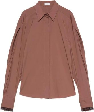 Brunello Cucinelli Pleated Sleeve Cotton Shirt - Dames - Overhemden - Bruin - L - Katoen - Overhemden