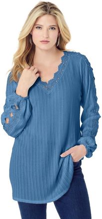 Roaman's Lace Trim And Appliqu&eacute;d Tee in Dusty Indigo at Nordstrom, Size 36
