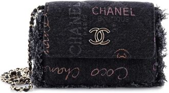 Chanel Denim Mood Flap Clutch with Chain Logo Printed Quilted Fringe Denim crossbody bag - Zwart