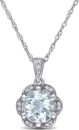Amour 1 1/7 CT TGW Aquamarine and Diamond Accent Flower Necklace In 14K White Gold