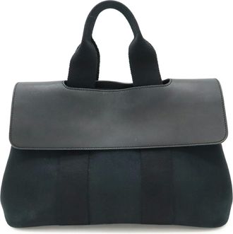 Herm&egrave;s Valparaiso Black Toile Chevron Leather Handbag Tote Bag (Pre-Owned)