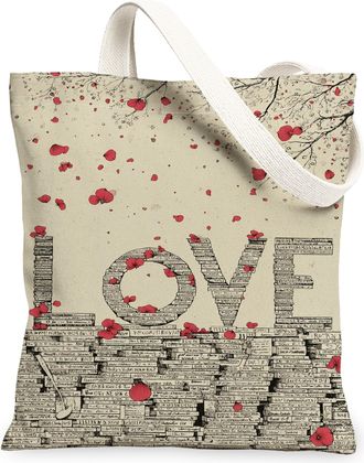 Generic Love Floral Canvas Tote Bags, Artistic Flower Petals Pattern Reusable Grocery Bags, Vintage Lightweight Washable Shoulder S, Beige, 13x15 Inch
