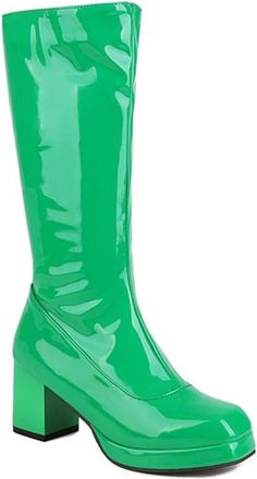 Generic Womens Fashion Square Toe Knee High Boots Patent PU Leather Chunky Platform Winter Dress Shoes for Casual and Party (5.5,Green)
