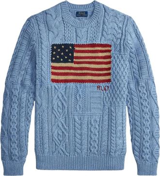 Ralph Lauren Aran-Gebreide Vlag Trui - Heren - Ronde hals truien - Blauw - S - Katoen - Truien & Vesten
