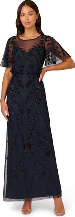 Adrianna Papell Womens Bead Blouson Long Dress - Navy - Size 6 UK