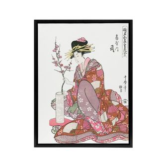 Artery8 Courtesan Tsukasa Of Ogiya Framed Canvas Wall Art Print Utamaro Kitagawa in Pink | Size: W24 x H32