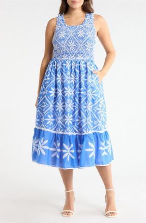 Sugarlips Jessy Smocked Sleeveless Midi Dress in Blue-Wht-Mul at Nordstrom, Size 3X