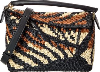 Loewe Puzzle Edge Small Raffia & Leather Shoulder Bag