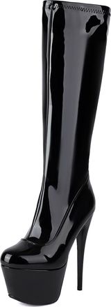 Generic Womens Stiletto High Heel Knee High Boots Round Toe Long Boots Patent Leather Platform Boot with Side Zipper,Black1,3.5 UK
