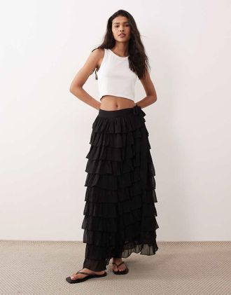 Miss Selfridge Gonna lunga da mare nera in chiffon con volant a balze-Nero