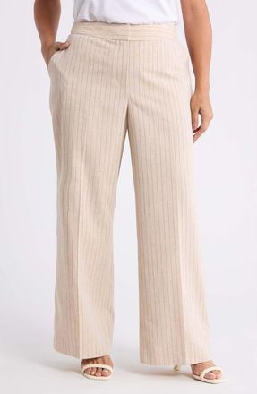 Tahari by ASL Pinstripe Wide Leg Pants in Dune Espresso at Nordstrom, Size 14 W