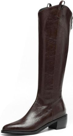 Generic Womens Knee High Faux Leather Boots Pointed Toe Block Heels Retro Style Side Zipper Comfortable Anti Slip Durable Sole For Office Daily Wear,Brown,4.5