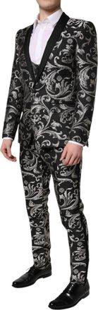 Dolce & Gabbana Black Gray Martini Jacquard Men 3 Piece Suit And Polyester Silk