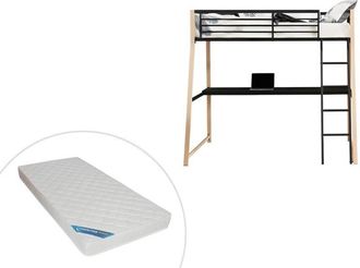 Vente-Unique Letto a soppalco con scrivania integrata 90 x 190 cm Nero e Rovere + Materasso - MALICIA