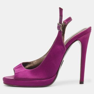 Roberto Cavalli Purple Satin Open Toe Platform Pumps