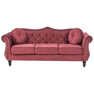 Beliani Beliani - Sof&aacute; 3 Plazas Tapizado En Terciopelo Rojo Oscuro Botones De Adorno Apoyabrazos Enrollados Estilo Glam Skien