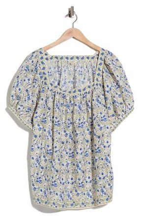 Max Studio Floral Square Neck Puff Sleeve Top in Ecru/Cobalt at Nordstrom Rack, Size 3X