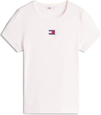 Tommy Jeans Dames-T-shirt met badge, geribd, normale pasvorm (Antiek Wit)