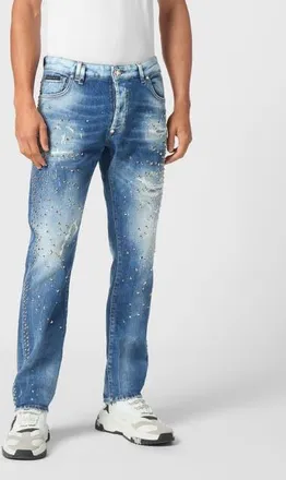 Philipp Plein Denim Super Straight Cut Trousers Studs Men in Thunderblue at Nordstrom, Size 32