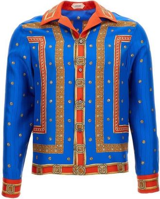 Versace Trompe lOeil Print Silk Twill Bowling Shirt in Royal Blue Red Gold at Nordstrom, Size 40 Us