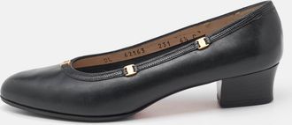 Ferragamo Navy Blue Leather Logo Round Toe Pumps