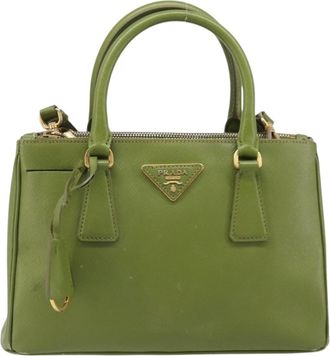 Prada Galleria Strap Leather Green Leather Handbag (Pre-Owned)