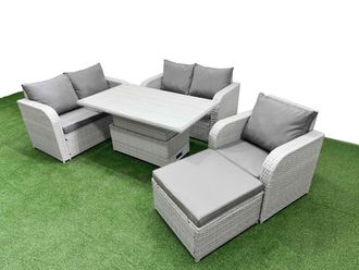 Fimous High Back Poly Rattan Garden Furniture Set w/ Reclining Chair Loveseat Sofa Adjustable Lifting Dining or Coffee Table Indoor Outdoor Patio Set