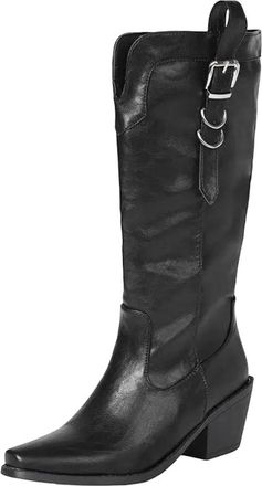 Generic Womens Elegant Mid Calf Boots Square Toe High Thick Heel With Platform Slip On Design And Decorative Belt Buckle