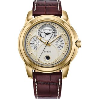 Citizen Calendrier Leather Strap Watch, 41.8mm in Brown at Nordstrom