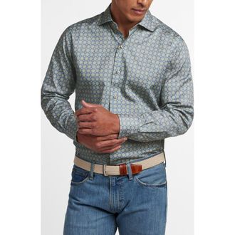 David Donahue Medallion Print Sport Shirt in Blue/Dune at Nordstrom, Size Xx-Large