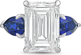 Diana M. Jewels Platinum lab grown 6ct emerald diamond ring with sapphire pears on the sides
