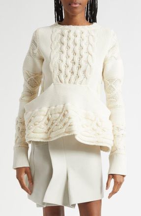 sacai Cable Knit Peplum Sweater in Off White at Nordstrom, Size 1