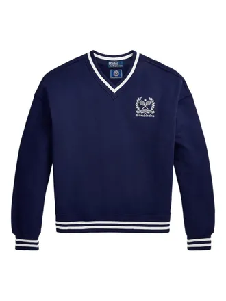 Polo Ralph Lauren V-neck embroidered sweatshirt - women - Cotton/Recycled Polyester - L - Blue