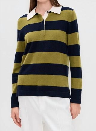 White + Warren Cashmere Rugby Stripe Polo In Deep Navy/bright Olive