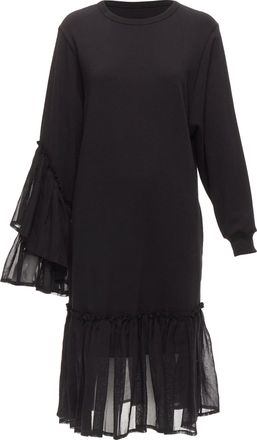 Dries Van Noten black cotton asymmetric sleeve ruffle hem sweatshirt dress S