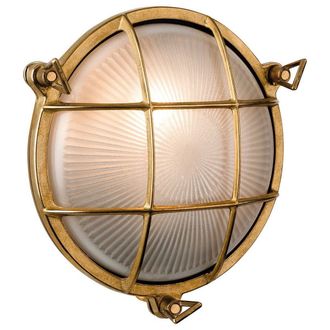 Netlighting Nautic 1 Light Outdoor Bulkhead Wall Flush Light Brass Frosted Glass IP64 E27 in Gold