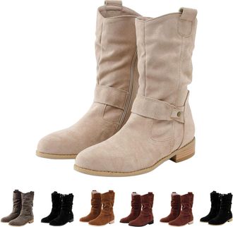 Generic Womens Suede Boots Tan Side Zip Boots Women Stylish British Booties Lightweight Western Booties Retro Cowboy Boot Vintage Cowgirls Boot Ladies Walking