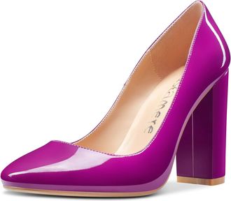 Castamere Womens High Heels Round Toe Pumps Slip-On Block Heel Court Shoes 4IN Heel Purple Patent Shoes UK 5