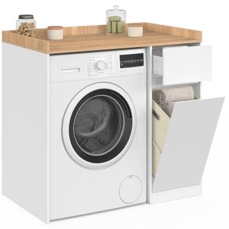 IDMarket Mobile Lavatrice Con Cesto Portabiancheria Tomi In Bianco E Legno Effetto Faggio