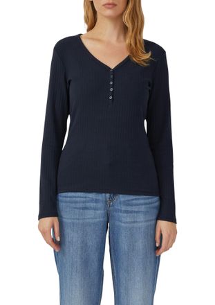 s.Oliver Langarmshirt S.OLIVER, Damen, Gr. 42, blau (navy), Rippware, Obermaterial: 95% Baumwolle, 5% Elasthan, unifarben, figurbetont h&uuml;ftbedeckend, V-Ausschn